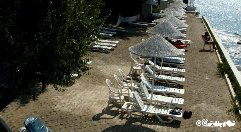 تخت های حمام آفتاب با چشم انداز ساحل